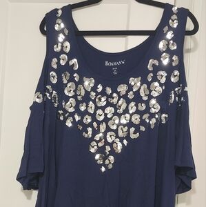Roaman's Navy Cut Out Blouse With Silver Sequins